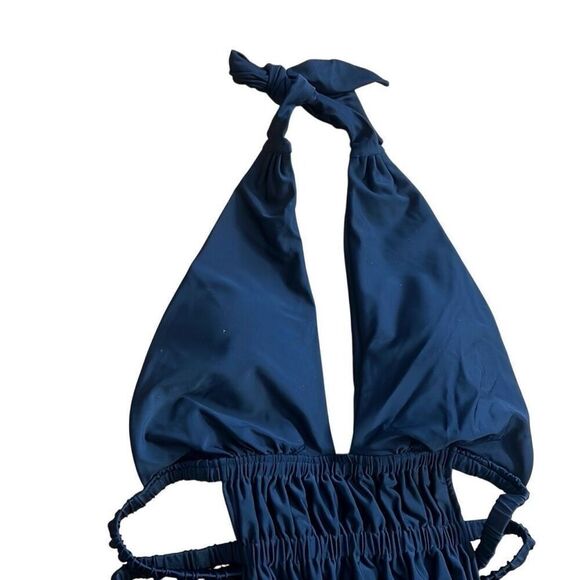 Halter Neck Ruched Cutout Strappy Open Back One-Piece Swimsuit Navy Blue Size XL - Picture 4 of 7